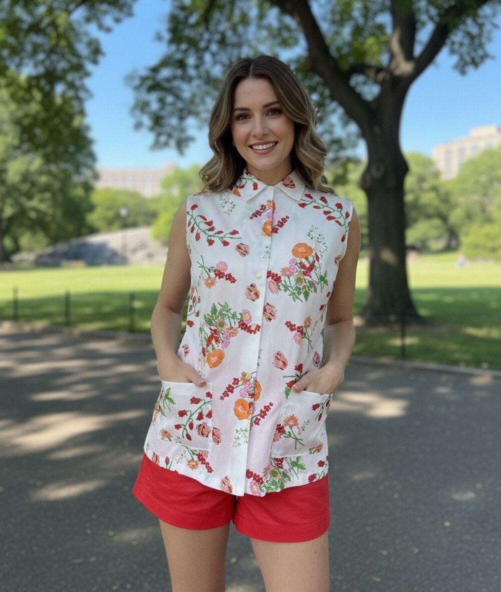 Vintage 1970s Miss Holly Novelty Floral Print Sleeveless Tunic Blouse